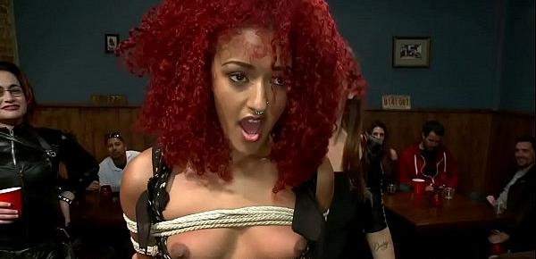  Redhead ebony gets speculum in public